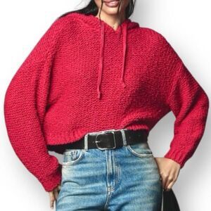 Pilcro Anthropologie M‎ Red Knit Hoodie Sweater Oversized Cozycore Boho Preppy